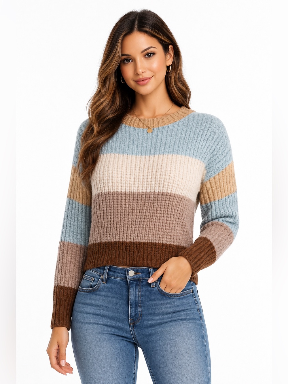 NWT Fashion Nova Chunky Colorblock Knit Sweater Blue Brown Tan Large